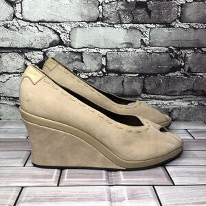 Taryn Rose Beige Suede Leather Peep Toe High Wedges Women Sz 39EU/8.5M US
